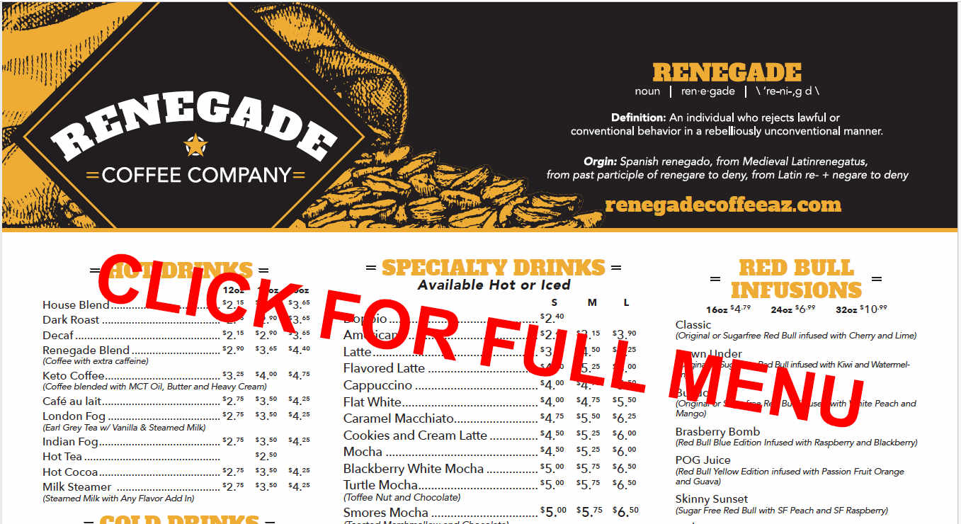 Renegade Coffee Company Scottsdale AZ menu